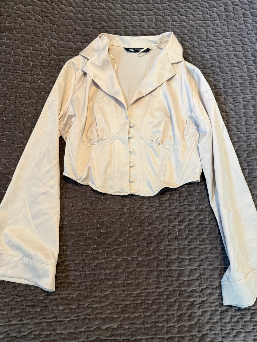 Zara Shimmery Cream Button-Front Cropped Corset Blouse